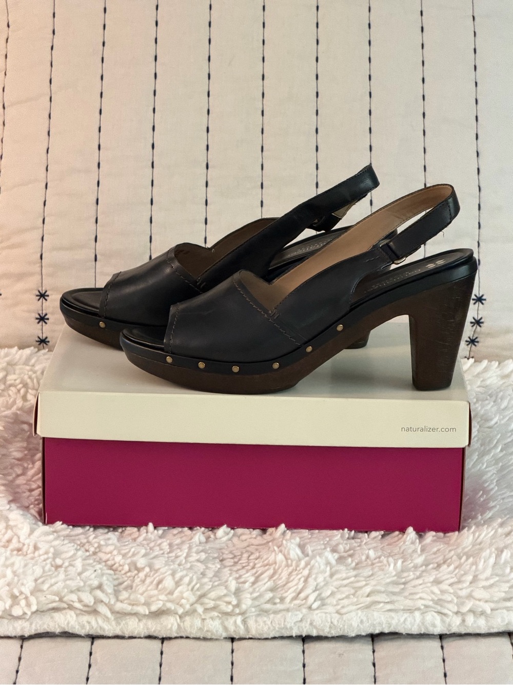 NIB Naturalizer "Honey" Black Leather Platform Slingback Sandals Peep Toe 9.5 M